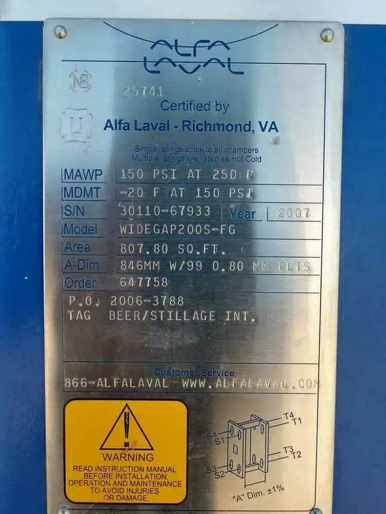 Data plate on Alfa Laval WideGap200S-FG plate heat exchanger showing serial number 30110-67933, technical specifications, and warning label – used for identifying replacement Alfa Laval PHE models.